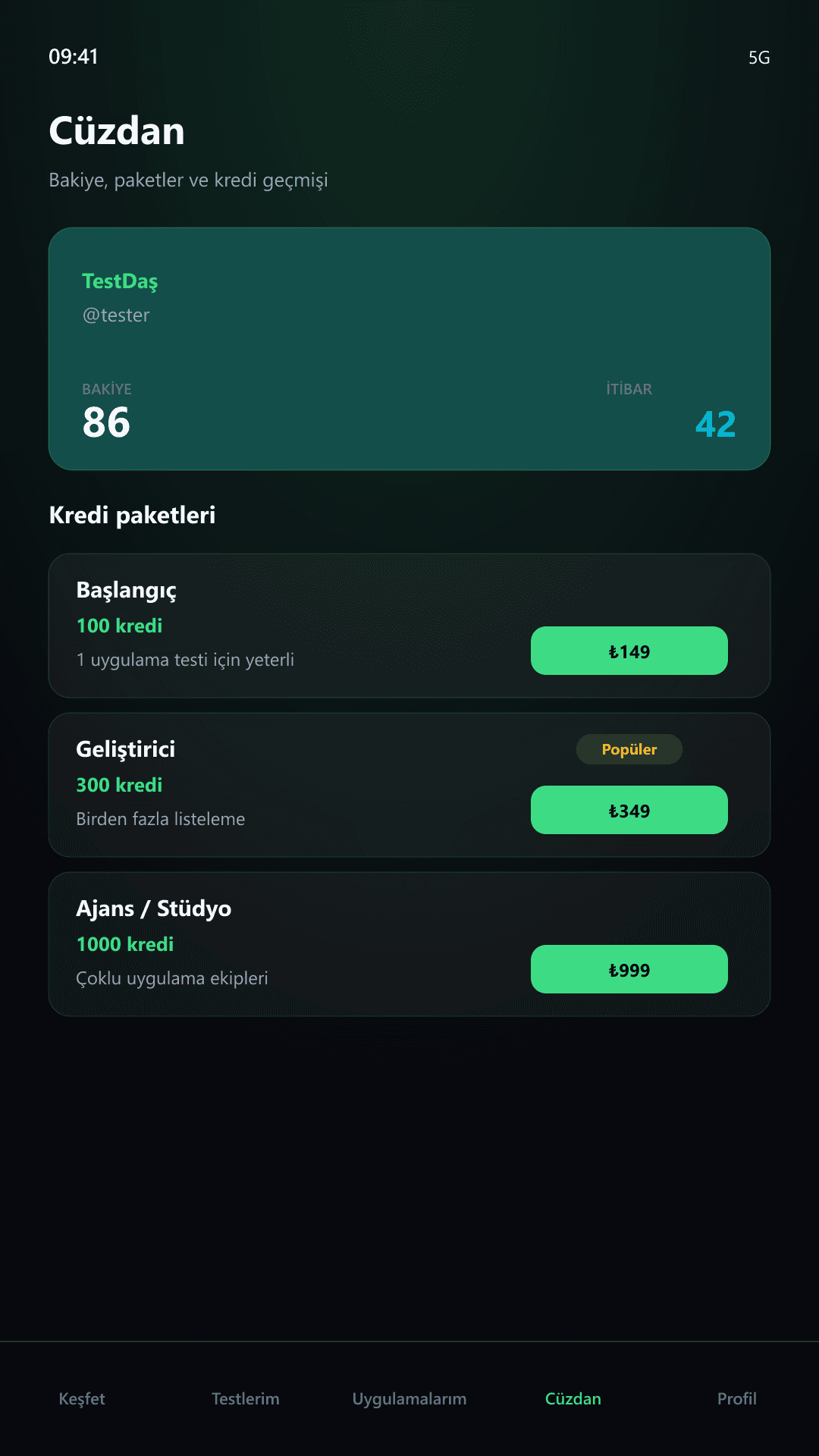 TestDaş — Wallet screen