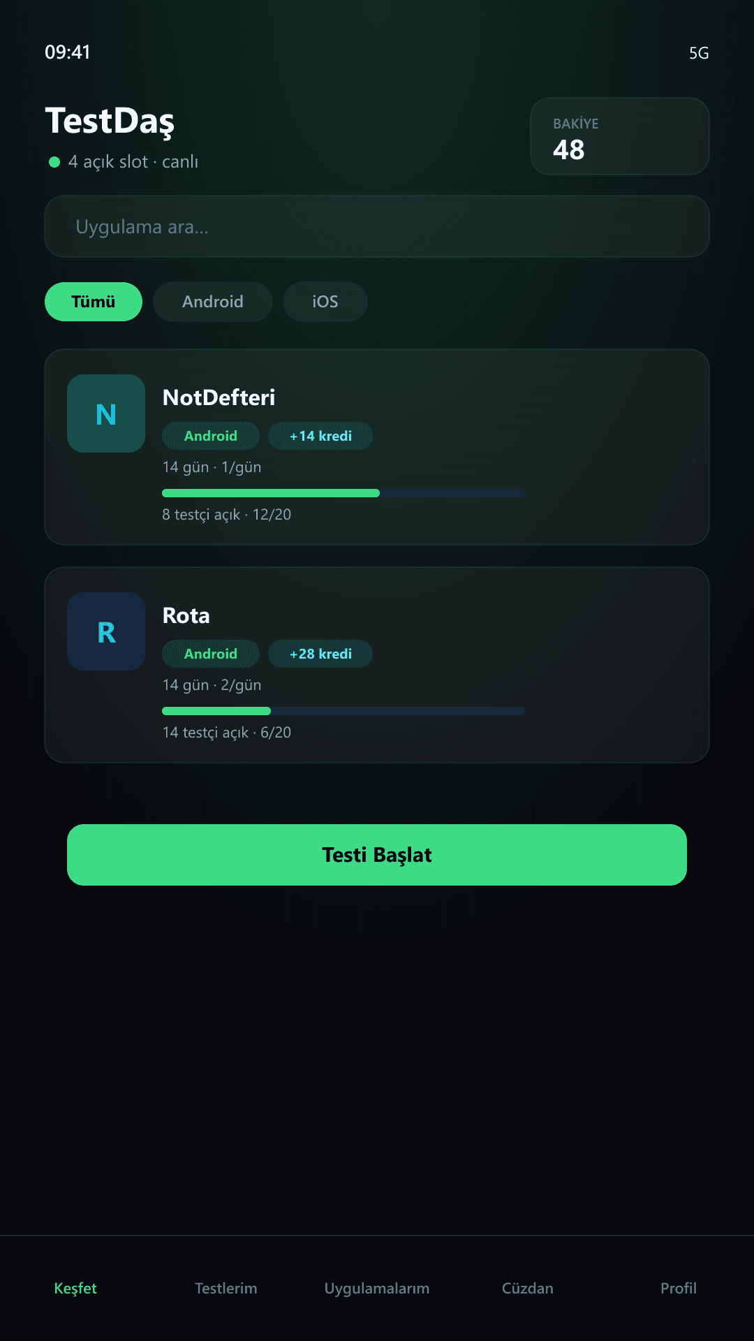 TestDaş — Discover screen